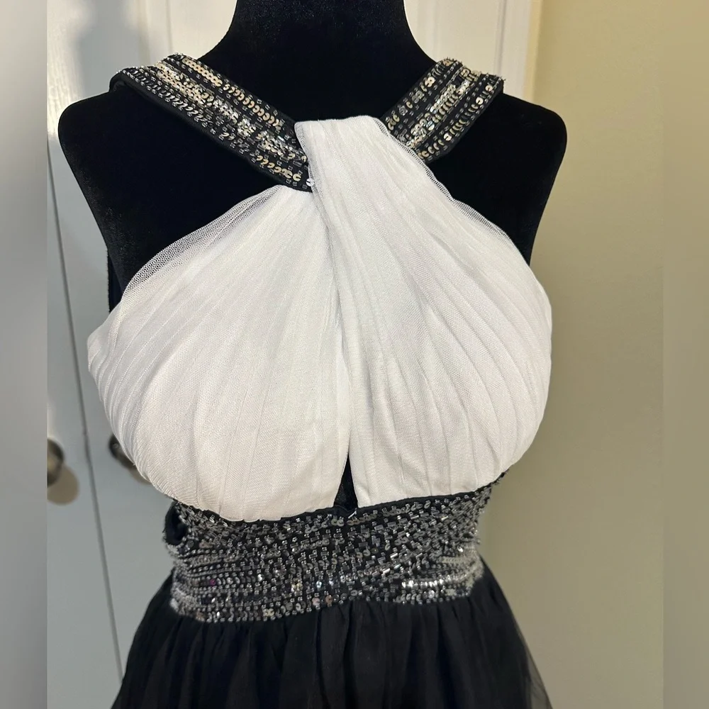Fancy unique black & white tulle halter mini dress. By Blondie. Size 1 - Picture 2 of 9